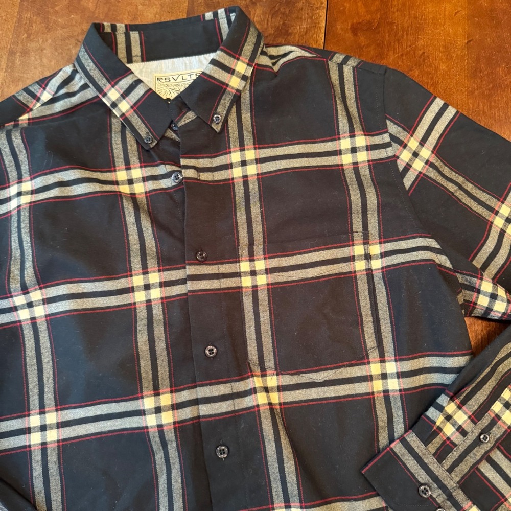 RSVLTS Flannel Shirt Mens Large Black Borland Flex Plaid Stretch Button Down